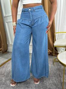 High Waist Wide Leg Jeans Woman - Casual Loose Fit Denim With Pleated Details - 中等水洗藍 - 查看 3