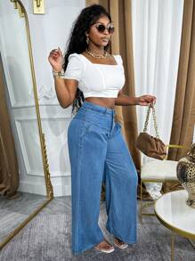 High Waist Wide Leg Jeans Woman - Casual Loose Fit Denim With Pleated Details - 中等水洗藍 - 查看 5
