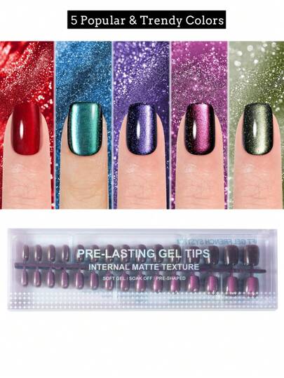 150Pcs Acrylic Short Square Cat-Eye Push-On False Nails, 5 Colors Of Fashionable Cat-Eye Design False Nails Set, Suitable For Women And Girls, Nail Salons To Use False Nail Decoration Press On Nails Nail Supplies Nails