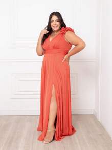 Bridesmaid Plus Size Long Party Dress With Shiny Wide Straps With Ruffle Detail And Side Slit - 紅陶 - 查看 3