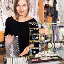 Earring Holder,5-Tier Ear Stud Holder With Wooden Tray, Jewelry Tower Rack With 108 Holes, 12 Hooks Necklaces Hanging, For Bracelets Earrings Rings Watches (Black) - Vàng - Xem 4