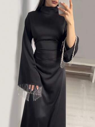 女式立领喇叭袖系带长袍连衣裙