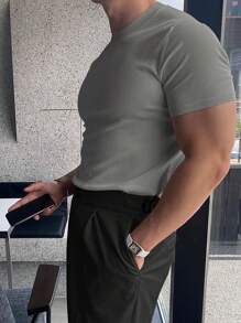 Maglione girocollo a maniche corte tinta unita, casual per primavera/estate, da uomo