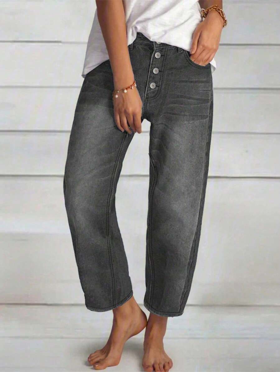 Dark Grey Straight Fit Denim Jeans With Decorative Front Buttons, High Waist And Vintage Casual Style