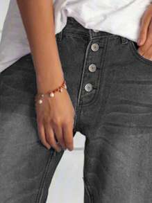 Dark Grey Straight Fit Denim Jeans With Decorative Front Buttons, High Waist And Vintage Casual Style