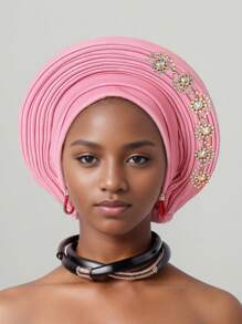 1pc African Style Head Wrap With Layered Bejeweled Edge Head WrapAccents, Laminated Strap Cap, Traditional African Turban Hat For Women Personalized Elastic Headwear