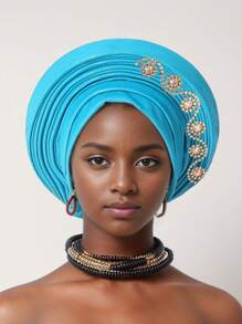 1pc African Style Head Wrap With Layered Bejeweled Edge Head WrapAccents, Laminated Strap Cap, Traditional African Turban Hat For Women Personalized Elastic Headwear