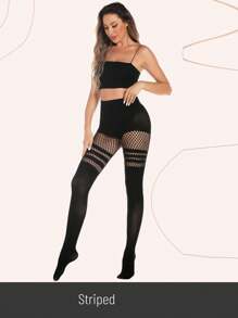 1 par de medias para mujer tipo medias altas falsas con efecto de tirantes, de rejilla con rayas en estilo gótico