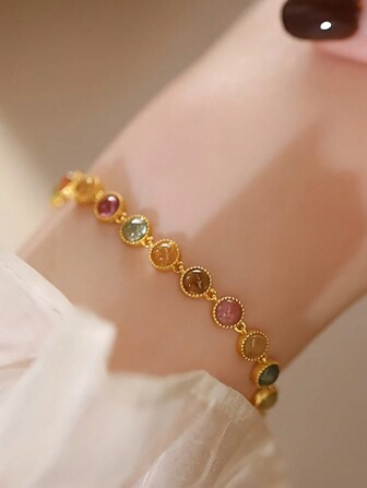 1 件彩色刻面水晶锆石纯银女士手链，百搭手链，轻奢小众手饰