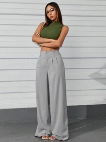 Women's High Waist Straight Leg Pants With Hidden Buttons