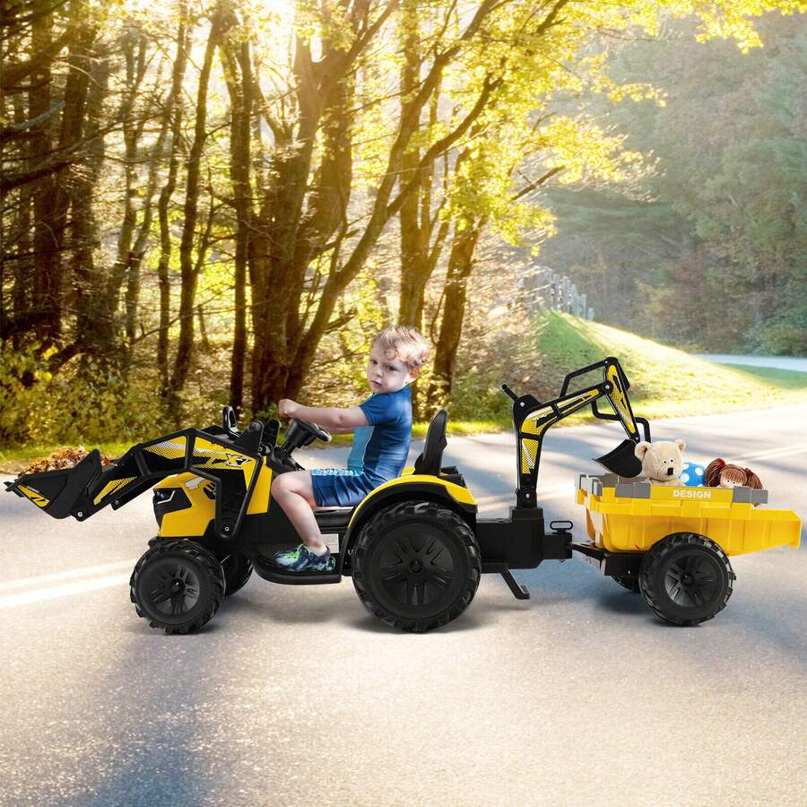Homasis 3-In-1 Kids Ride On Excavator Bulldozer 12V Electric Tractor Remote W/ Trailer - Yellow - View 1