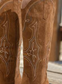 Women's Fashionable Slip-On Wedge Heel Versatile Embroidered Leaf Pattern Tall Boots, - màu nâu - Xem 6