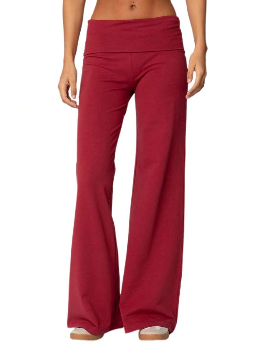 Women Y2k Palazzo Yoga Pants Fold Over Flare Leggings Low Rise Solid Color Stretch Casual Wide Leg Pants Comfy Lounge Pants Bootcut Bell Bottoms Baggy Sweatpants Streetwear