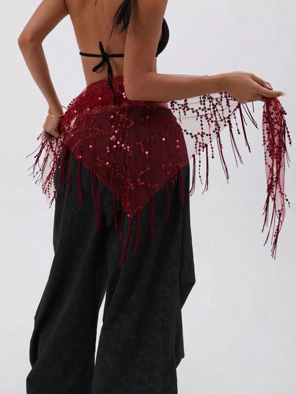 New Style Belly Dance Sequins Tassel Hip Scarf Belly Dance Costumes Women Belly Dancing Practice Belt Triangle Hip Scarf