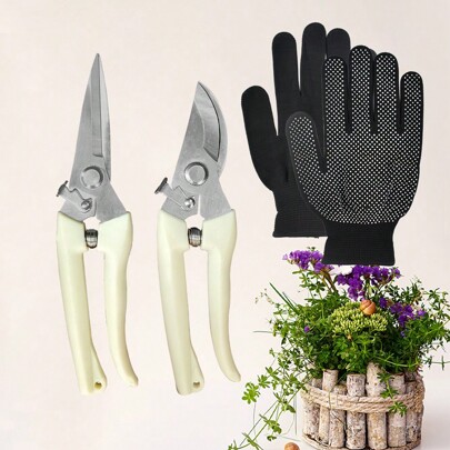 Ivory White Handle Stainless Steel Pruning Shears, Garden Bonsai Tree Clippers, Straight & Curved Blades