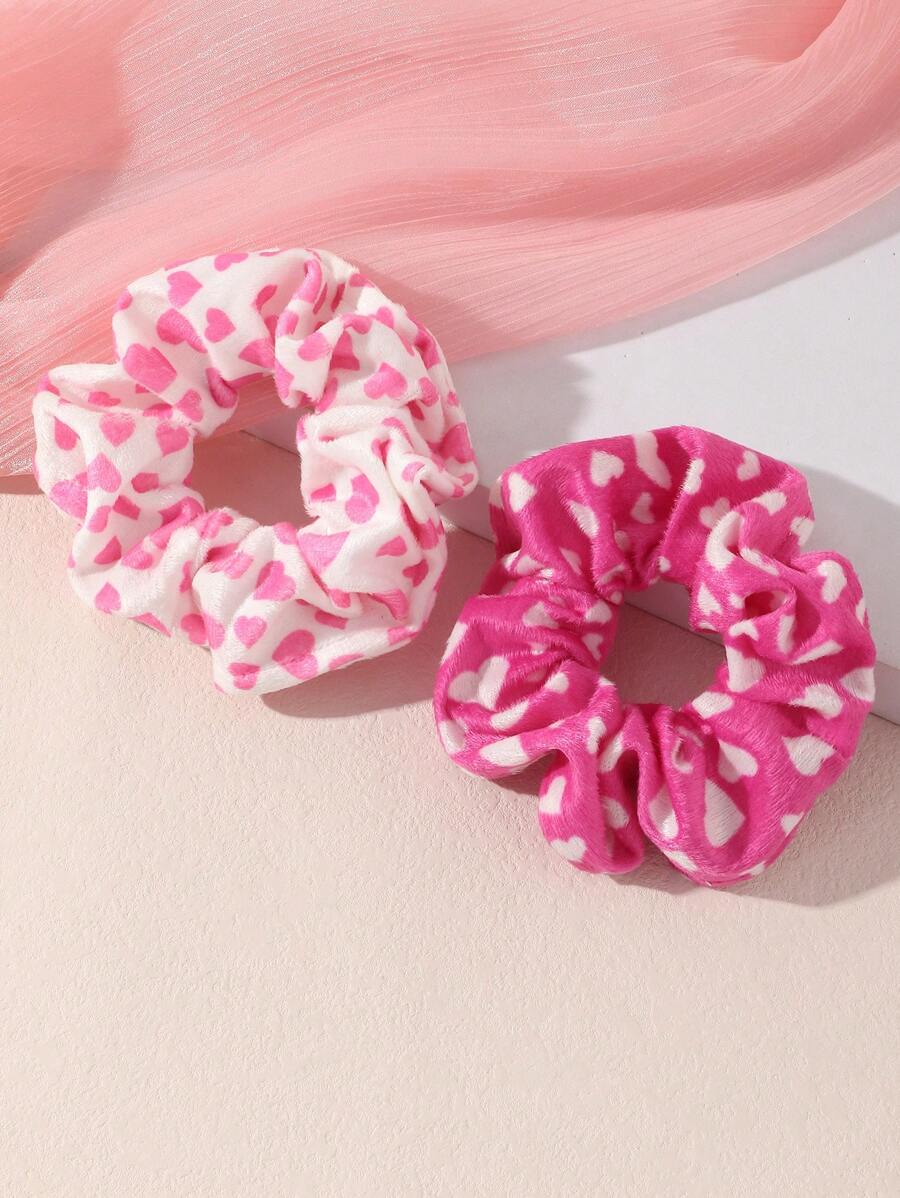 2pcs Lady Hair Accessories Rose Pink Heart Print Scrunchies, Suitable For Gifting Girlfriend, Wife, Couples On Holidays Valentines,Scrunchy Hair Ties - Multicolor - View 1