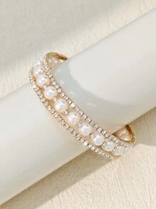 1pc Luxury Exclusive Pearl & Rhinestone 3-Row Women Bracelet - Gold - View 1