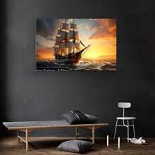 Local WarehouseSunset Pirate Ship Canvas Wall Art - Modern Nautical Decor For Bedroom, Kitchen & Office - High-Quality Wood Framed Poster, Perfect For Room Deco - frame - View 4