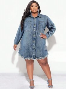 Women's Plus Size Fringe Ripped Denim Jacket Dress Blue - 藍色 - 查看 5