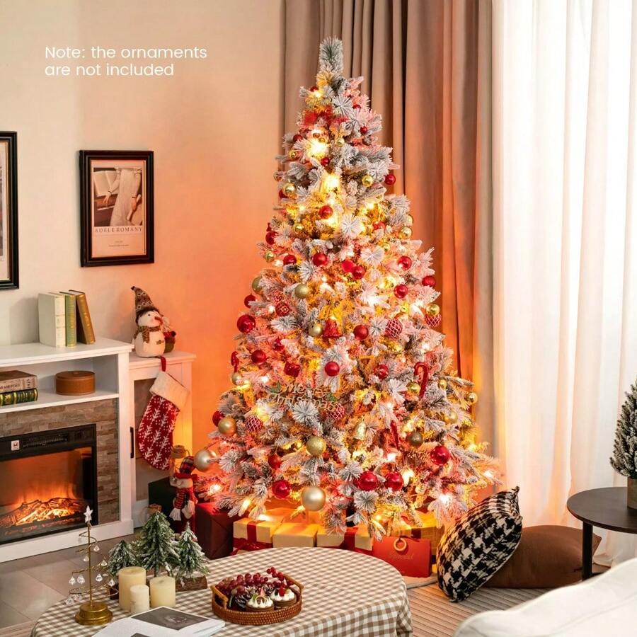 7' Pre-Lit Snow Flocked Christmas Tree Hinged Xmas Tree W/ 8 Modes 320 Lights - Green/White - View 1