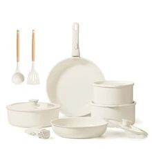 CAROTE 13pcs Ceramic Cookware Set Detachable Handle, Induction Pots And Pans Set, Taupe - White - View 9