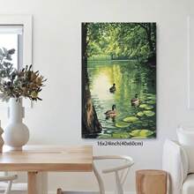 Vintage-Inspired River Scene Canvas Art Print With Golden , Serene Duck Pond Landscape Wall Decor, Perfect Gift For Home Decoration
