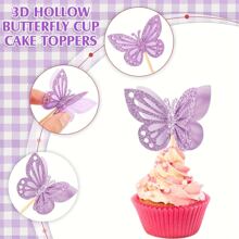 12./24 Pcs Butterfly Cupcake Toppers Assembled Double Layer Cupcake Topper 3D Glitter Cupcake Topper Butterfly Cocktail Pick Decoration For Babyshower Birthday Wedding - Purple - View 6