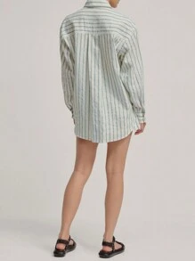 Women's Striped Outfit, Loose Lapel Neck Long Sleeve Button Down Shirt Shorts With Pockets 2 Piece Causal Set For Spring Summer - Blue - View 4