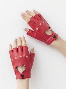 1 Pair Fashionable Hollow-Out Heart Shape Fingerless PU Motorcycle Gloves Valentines - Red - View 2