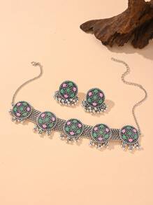 3pcs Retro Boho Colorful Round Flowers Alloy Pendant Earrings, Multi Layer Chain Decor Necklace Jewelry Set Suitable For Women's Daily Wear, Party, Wedding, Festival Accessories - View 2