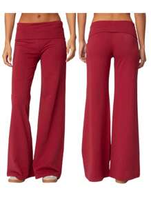Women Y2k Palazzo Yoga Pants Fold Over Flare Leggings Low Rise Solid Color Stretch Casual Wide Leg Pants Comfy Lounge Pants Bootcut Bell Bottoms Baggy Sweatpants Streetwear