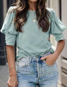 hoteel Women's Casual Puff Sleeve Tops Crew Neck Loose Blouse Shirts - 薄荷綠 - 查看 1
