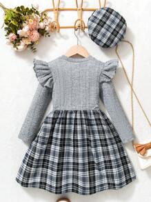 年轻女孩格子连衣裙搭配贝雷帽套装，这款复古格子连衣裙搭配贝雷帽具有英伦气息，适合秋冬季节 - 灰色 - 查看 2
