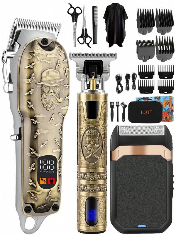 LQT Ensemble de 3 pièces premium LQT pour homme : tondeuse et rasoir de salon, tondeuse sans fil, tondeuse rechargeable USB, tondeuse à barbe, emballage exquis, choix de la famille et des barbiers, options de cadeau pour les occasions spéciales