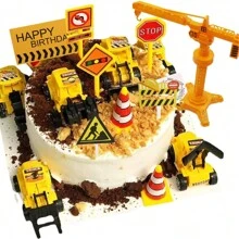 18pcs Construction Vehicle Cake Decoration Set, Including Dump Truck, Excavator, Tractor, Cake Toppers And 5 Road Signs, 6 Excavator & Truck Decor For Boy's Birthday Cake