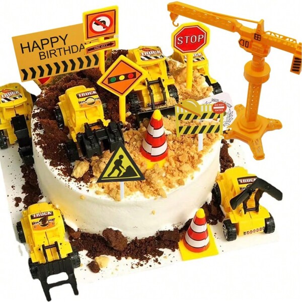 18pcs Construction Vehicle Cake Decoration Set, Including Dump Truck, Excavator, Tractor, Cake Toppers And 5 Road Signs, 6 Excavator & Truck Decor For Boy's Birthday Cake