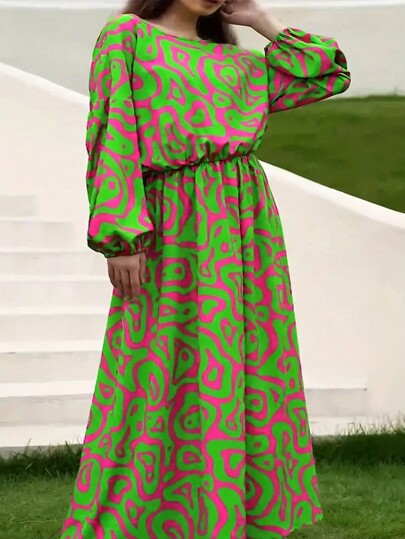 Abito kaftan elegante da donna di taglia grande per il Ramadan, con maniche a palloncino, scollo tondo, stampa su tutto il vestito e lunghezza lunga