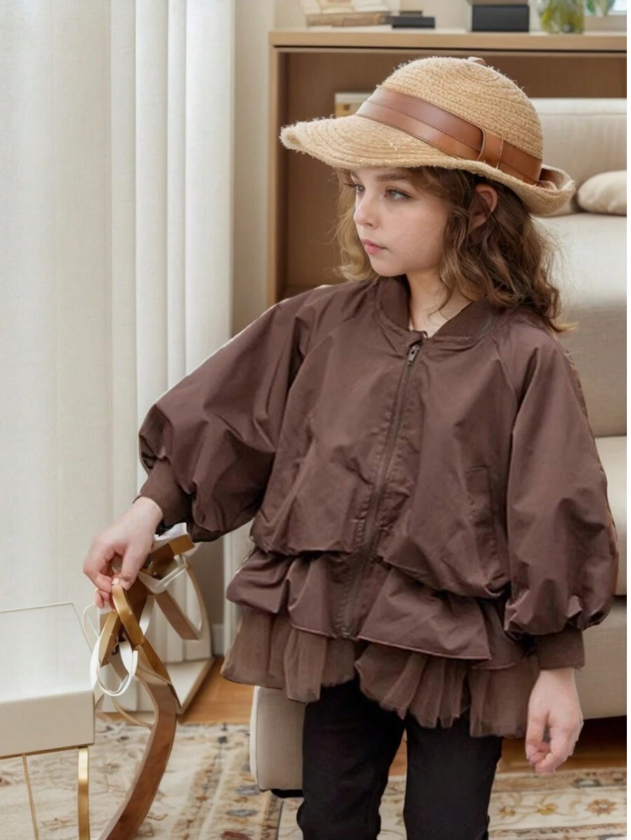 Girls Cute Jacket, Spring/Autumn Long Sleeve Fashion Retro Hoodie, Children's Lightweight Windbreaker With Mesh Patchwork - Brown - View 1