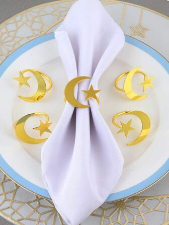 2/4/6 件星月餐巾环，适用于开斋节/宰牲节餐桌装饰，金色星月餐巾架