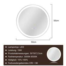ZMH Badezimmerspiegel, Badezimmerspiegel mit Beleuchtung - LED Badezimmerspiegel 50x70/60x80/100x60 cm/LED Badezimmerspiegel rund 50/60/70/80 cm Wandspiegel Badezimmer IP44 mit Touchschalter und Entfeuchterfunktion, dimmbar 3000K-6500K, Wohndekoration, Sommerschminktruhe, Badezubehör für den Schulbeginn - runden - Übersicht 9
