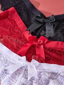 3PCS Plus Size damska bielizna koronkowa stringi kokarda seksowna bielizna jednolity kolor przezroczyste tangas elastyczne wygodne majtki dla kobiet czarny biały czerwony stringi z tyłu kokarda majtki
