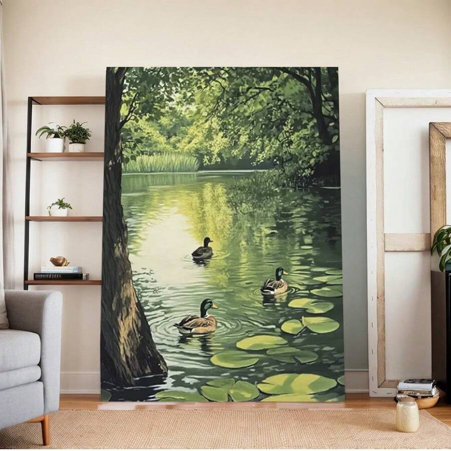 Vintage-Inspired River Scene Canvas Art Print With Golden , Serene Duck Pond Landscape Wall Decor, Perfect Gift For Home Decoration