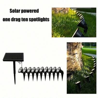 Solar One To Ten Landscape And Courtyard Lights, 1000mA, Warm Light And Light Controlled Garden Lights, Ten Overhead Peak Lights, Outdoor Garden Spotlights, And Solar Lawn Lights With Peak Design.