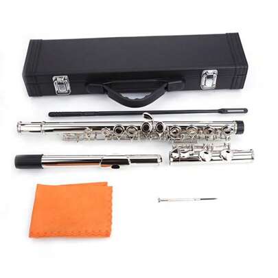 Complete Musical Instrument Set Style Silver 16-Hole Closed-Hole Brass Flute With E-Key (Nickel-Plated), Along With Cleaning Rod, Cleaning Cloth, Lubricant And Screwdriver, High-Quality And Convenient, Ideal For Flute Players - Silver Nickel-Plated Brass Flute Set With Accessories