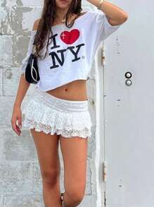 Women Floral Lace Skirt Ruffled Hem Summer Casual Mini Skirt For Beach Vacation Club Streetwear Aesthetic Clothes - White - View 4