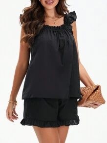 Women's Summer Lounge Set Ruffle Shoulder Strap Tank Tops Drawstring Shorts Sleepwear Sets - 純黑色 - 查看 7