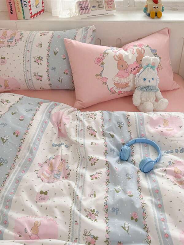 4pcs/Set New Super Soft Oversized INS Style Cute Pattern Bedding Set, Suitable For Infant, Toddler, Kids, Children, Nursery, Dorm, Home, Rabbit Cartoon Print, Skin-Friendly Flannel Duvet Cover, Fitted Sheet, Pillowcase
