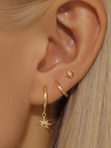 3 Pieces/Set Minimalist Golden Octagram Pendant & Hoop Earrings Set, Geometric Circle Earrings, Elegant Daily Matching Jewelry