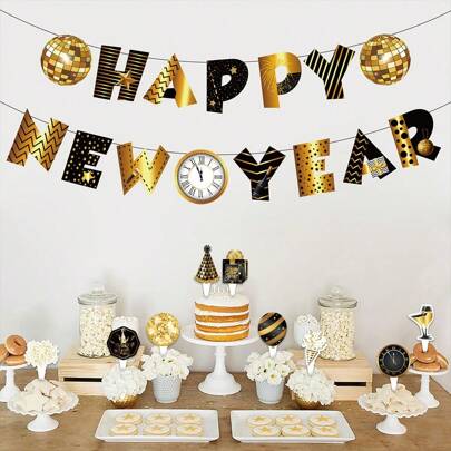 1 pezzo di decorazione per feste di Capodanno, striscione "Buon Anno 2025", decorazione per Capodanno nera e dorata, decorazione per il Capodanno di New York 2025
