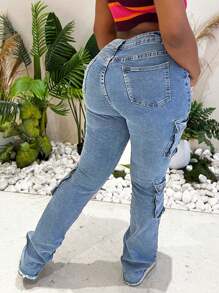 Women's Fashion Tight Fit Jeans With Multiple Flap Pockets, Slim Fit Elastic Jeans Clothing - 淺色水洗藍 - 查看 3